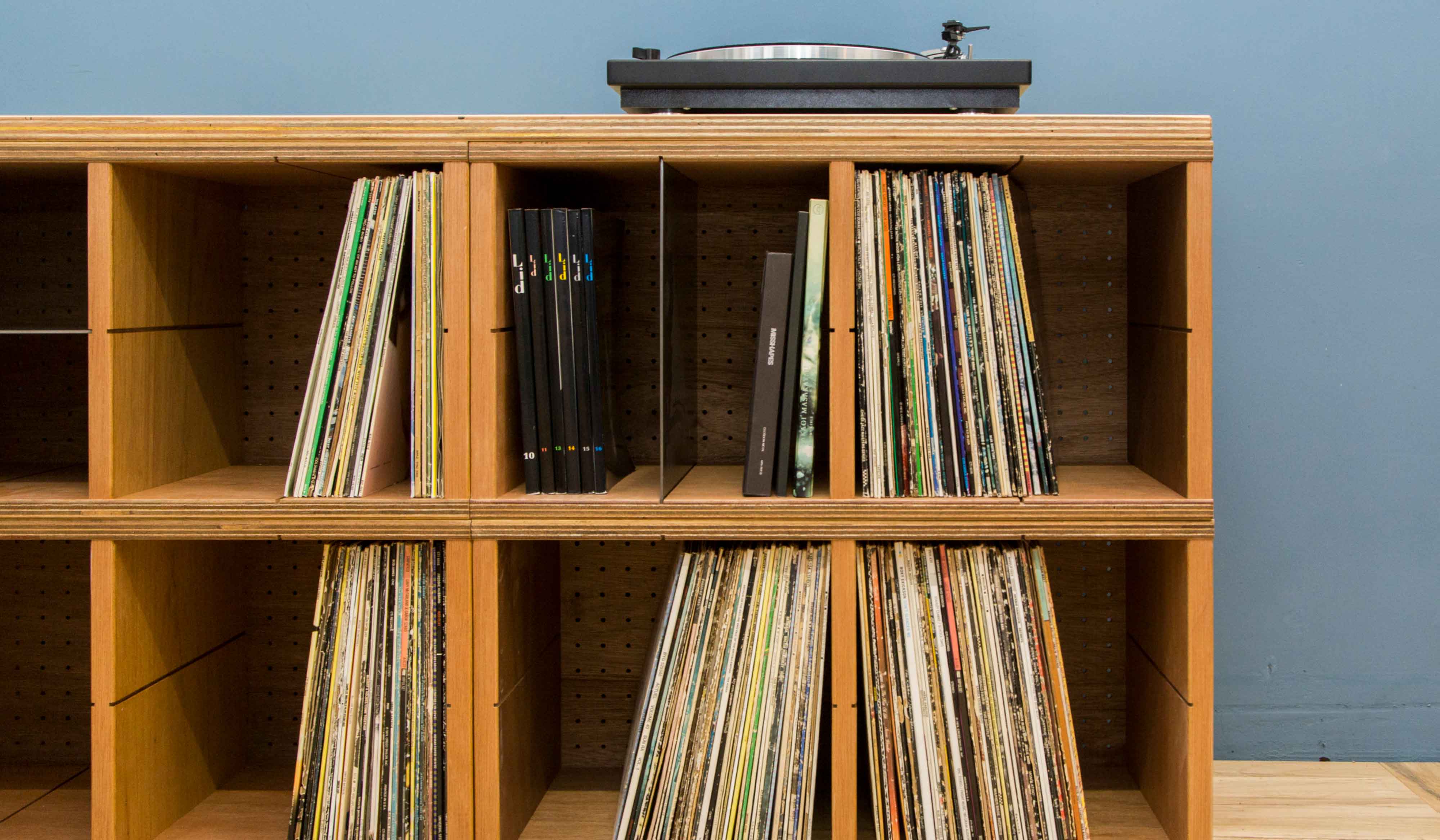A robust and simple record shelf, luxuriously crafted from fine lauan wood | TYPE