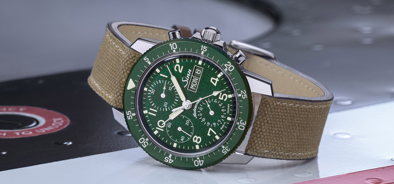 Limited to 500 pieces worldwide. The chronograph "103.SA.G" features a metallic green dial | Sinn