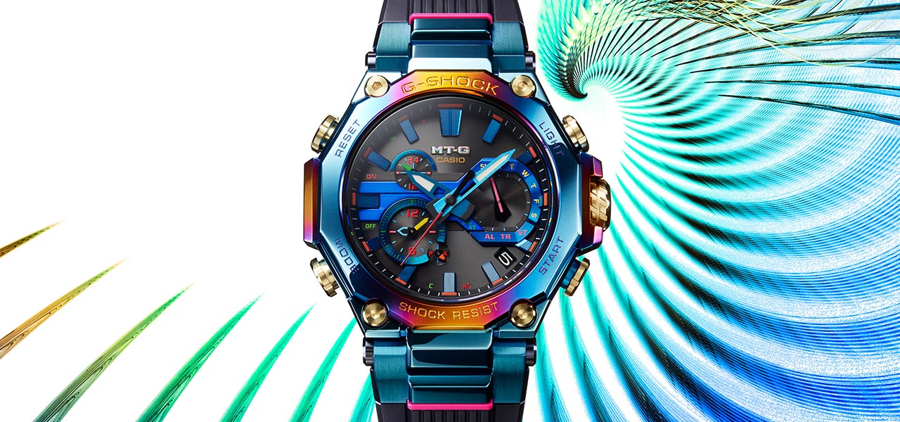 The MT-G, featuring a blue phoenix motif and a mysteriously shimmering rainbow IP coating | G-SHOCK