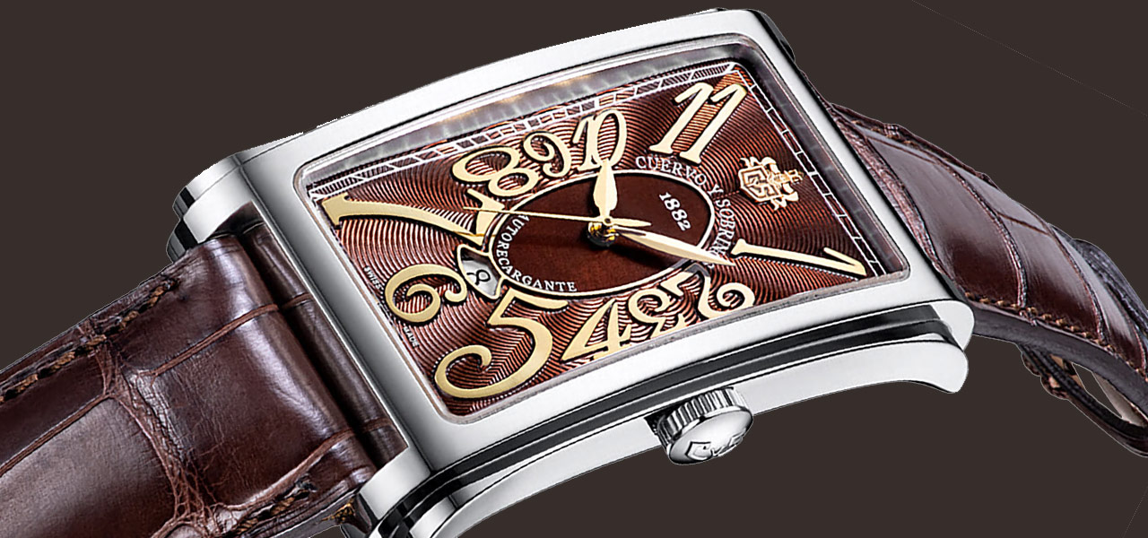 The tobacco-colored dial is a perfect match for the "Prominente Solotempo," reminiscent of Havana's golden age | Cuervo y Sobrinos