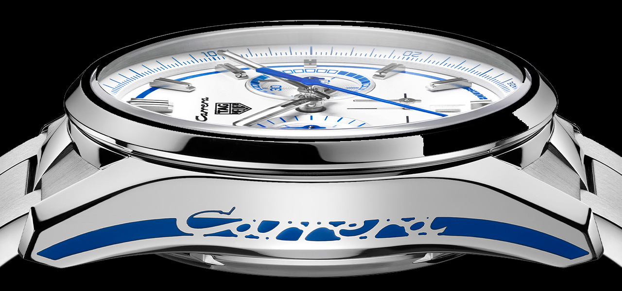 ケースサイドに“Carrera”ロゴ。車体全体をキャンバスにするスポーツカーのデザインコードを踏襲｜TAG HEUER