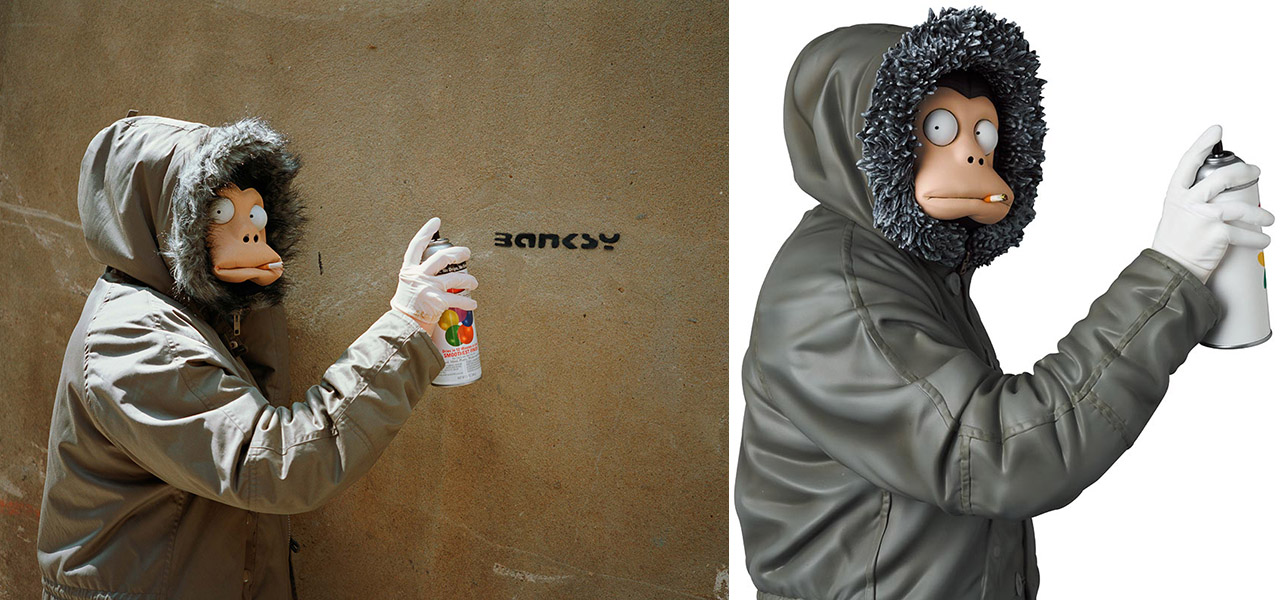The famous shot capturing Banksy is made into a statue. James Pfaff interview | MEDICOM TOY