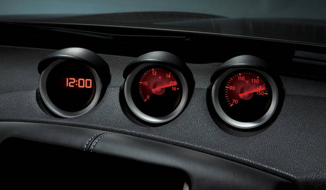 <b>NISSAN FAIRLADY Z｜日産フェアレディZ</b><br>インストゥルメントパネル上に設置される3連サブメーター。向かって左からデジタル時計、電圧計、油温計となる。