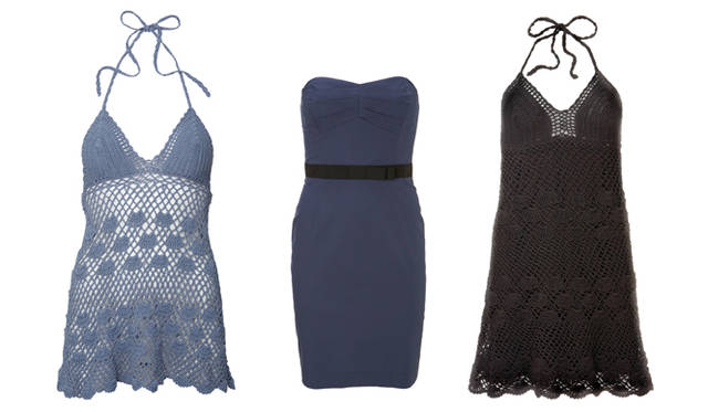 「KATE MOSS TOPSHOP（ケイト・モス トップショップ）HIGH SUMMER 2009」 左から、BLUE CROCHET HALTER NECK TOP 1万3650円、BLUE 50S BANDEAU DRESS 1万8690円、BLACK CROCHET HALTER NECK DRESS 1万9950円