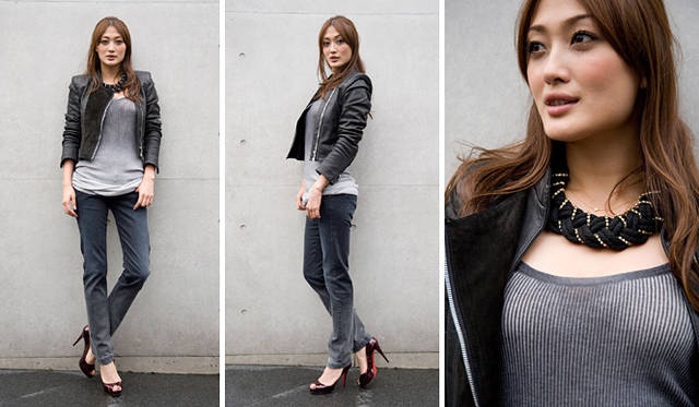 Leather jacket ¥156,450, tank top ¥57,750, denim pants ¥35,700 (RING/Pred PR), choker, stylist's own (Fenton/Brand News), pumps, stylist's own. Shot with the cooperation of Pred PR (Tel. 03-5428-6484), Brand News (Tel. 03-3797-3673)