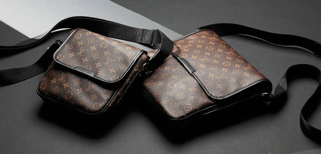 <b>Louis Vuitton Monogram Macassar Line</b> Square shoulder bag with flap closure secured by magnets. Available in two sizes: PM and MM. From left: "Basse PM" ¥101,850, "Basse MM" ¥118,650