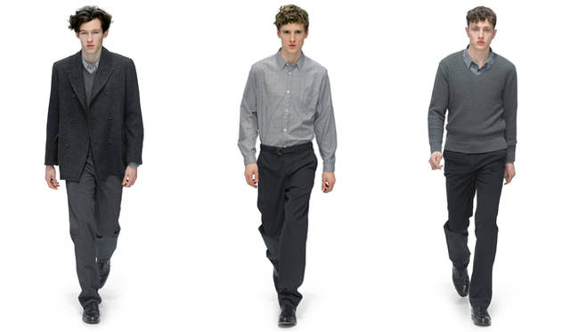 From left: Coat (price unavailable), knitwear ¥29,400, shirt (price unavailable), trousers ¥30,450, shoes ¥84,000; shirt ¥27,300, trousers ¥30,450, shoes ¥84,000; knitwear (price unavailable), shirt ¥27,300, trousers (price unavailable), shoes ¥84,000