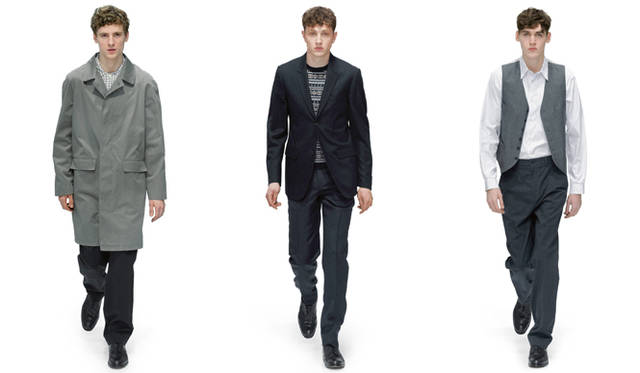 From left: Coat ¥87,150, shirt (price unavailable), trousers (price unavailable), shoes ¥84,000; jacket ¥84,000, knitwear ¥37,800, trousers ¥34,650, shoes ¥84,000; waistcoat ¥34,650, shirt ¥27,300, trousers (price unavailable), shoes ¥84,000