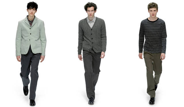 From left: Jacket (price unavailable), shirt ¥27,300, trousers ¥12,600, shoes ¥84,000; knitwear ¥79,800 (Jinnan store exclusive), shirt ¥24,150, trousers ¥30,450, shoes ¥84,000; cutsew ¥16,800, trousers (price unavailable), shoes ¥84,000