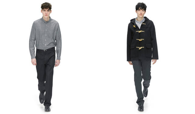 From left: Shirt ¥17,850, trousers ¥42,000, belt ¥24,150, shoes ¥84,000; coat ¥55,650, shirt ¥16,800, trousers (price unavailable), shoes ¥84,000