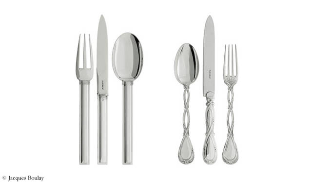 <b>PUIFORCAT</b> Left | "Cannes" Cutlery: Dinner Fork | ¥85,050; Dinner Knife | ¥65,150; Dinner Spoon | ¥85,050. This cutlery series, with its beautifully pure lines, symbolizes the design revolution at Puiforcat in the 1930s. <b>Right | "Royale" Cutlery:</b> Dinner Spoon | ¥88,200; Dinner Knife | ¥69,300; Dinner Fork | ¥88,200. Alongside the "Élysée" series, this holds a significant place as a representative work of Puiforcat.
