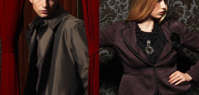 <b>LANVIN COLLECTION｜ランバン コレクション</b>　メンズ：マイクロファイバーとシルク、コットン混紡のオリジナル素材は、光沢感が印象的。ポケット口のグログラン使いにもランバンらしさが覗く、しなやかなドレープ性と軽い着心地のトレンチコート。ウィメンズ：畝状になったシルクの光沢感が美しいジャケットは、襟の輪郭を縁どるシルクサテンと、おなじくシルクサテンで形づくられたコサージュがランバン コレクションならでは。