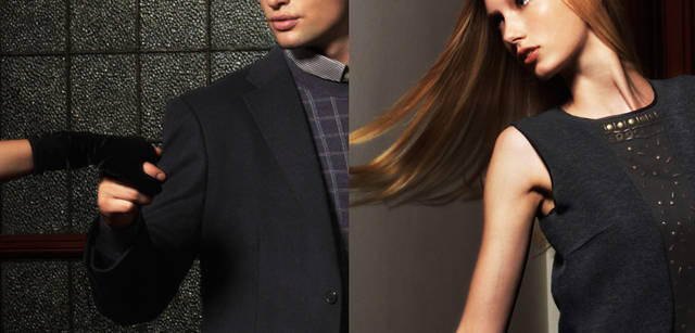 <b>LANVIN COLLECTION｜ランバン コレクション</b>　メンズ：肌ざわりのやわらかさ、暖かさと袖を通したときの軽さは、カシミヤならでは。一見すると無地のようだが、ヘリンボーンの織り地が浮かび上がり、深みのある表情を見せるジャケット。ウィメンズ：前身頃に“セーヌの川の流れ”をあしらった、コットン・レーヨンのグログランのさりげない光沢感が特徴のAラインドレス。うすいガーゼを通して鈍くかがやくメタルビーズは川の石畳を表現。