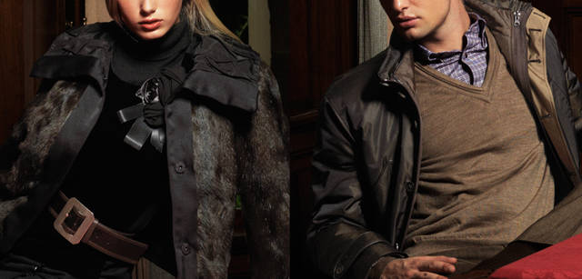 <b>LANVIN COLLECTION｜ランバン コレクション</b>　ウィメンズ：テントラインが特徴的なジャケットはリスのファー。対照的なコントラストをみせるシルクサテンのトリミングが効いている。メンズ：真冬まで活躍するブラウンのコートはスリーウェイ仕様で、ライナーのキルティングブルゾンは単体で着まわせる。