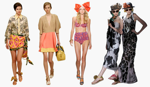 左から<b>PRADA</b>｜トップス12万3900円、スカート9万2400円、バッグと靴は参考商品（プラダ／プラダ ジャパン）　<b>PRADA</b>｜ドレス25万7250円、バッグと靴は参考商品（プラダ／プラダ ジャパン）　<b>DIANE VON FURSTENBERG</b>｜トップス 参考色 2万5200円、ボトムス 参考色 2万2050円、シューズ5万400円（ダイアン フォン ファステンバーグ）　<b>LANVIN</b>｜＜左モデル＞ドレス 参考商品、ハット3万6750円、ネックレス21万3150円、イヤリング 参考色 5万4600円、シューズ 参考色 6万7200円　＜右モデル＞ドレス 参考商品、ハット3万4650円、ネックレス　白・フラワー 参考色 11万7600円、パールネックレス10万8150円、イヤリング5万8800円、シューズ 参考商品 （すべてランバン／ランバン ジャパン）