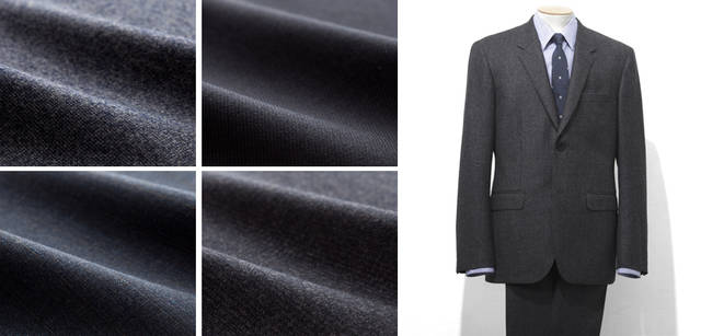 <b>MARGARET HOWELL｜マーガレット・ハウエル</b>　左／「FABRIC VARIATION」　左上：SUPER FINE BRUSHED END ON END、右上：SUPER FINE SERGE、左下：SUPER FINE STRIPE HERRINGBONE、右下：SUPER FINE BRUSHED POW<br>右／ジャケット9万1350円、トラウザーズ4万5150円、シャツ2万8350円、ネクタイ1万3650円