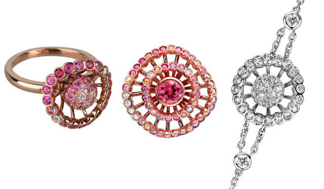<b>BOUCHERON｜ブシュロン</b> 右：「マ ジョリー」ブローチペンダント、PG×トルマリン×ピンクサファイア×オレンジサファイア×イエローサファイア×ダイヤモンド、90万3000円、9月発売予定 左：「マ ジョリー」リング、PG×ピンクサファイア×ダイヤモンド、48万9300円