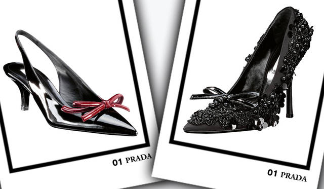<strong>PRADA｜プラダ</strong>　左／サンダル[H5.5cm]　7万5600円、右／パンプス（参考商品）（ともにプラダ／プラダ ジャパン）