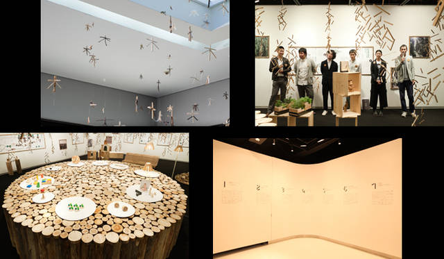 more trees｜more tree展スタート！　会場を飾る200セットもの「スティックモビール」や、more treesの製品が展示された木の円卓など、会場は優しい木の香りに包まれている。