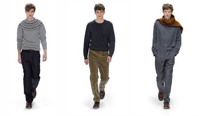 <strong> MARGARET HOWELL｜マーガレット・ハウエル</strong>　2010秋冬メンズコレクション<br>左｜ニット3万4650円、トラウザーズ4万950円（マーガレット・ハウエル）、ベルト1万2600円、シューズ4万9350円（MHL.）<br>中｜ニット3万7800円（店舗限定）、トラウザーズ2万8350円、シューズ4万9350円（MHL.）<br>右｜ニット3万7800円、トラウザーズ4万950円（マーガレット・ハウエル）、シューズ4万9350円（MHL.）