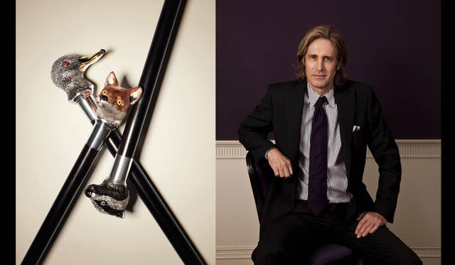 <strong>Asprey｜アスプレイ</strong>　左／ヘッドにシルバーがあしらわれたステッキ。右／新クリエイティブディレクター、ブルース・ホックシーマ。