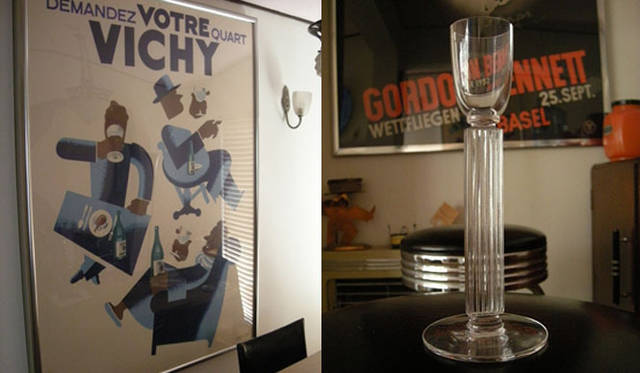 <strong>ART DECO collections ディレクター島田 明氏のコレクション</strong>　左／ポール・コランによって制作された飲料水「VICHY」のポスター、右／ティーグ作のカクテルグラス