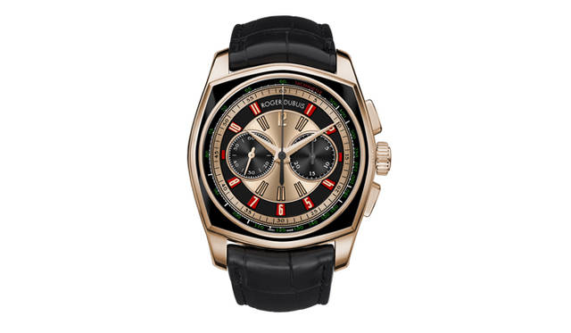 <strong>Roger Dubuis｜ロジェ・デュブイ</strong>  搭載ムーブメントはもちろん、“ジュネーブシール”を取得した自社製・マイクロローター巻き上げ機構搭載のRD680。「モネガスク ビッグナンバー クロノグラフ」359万1000円。今秋発売予定。