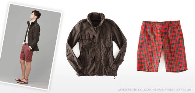 <strong>ASPESI | ASPESI Collezione Primavera/Estate 2011</strong> The M-65, which can be stiff, takes on a relaxed feel thanks to garment dyeing. It has a stand collar with a built-in hood. The waist and hem are shirred. Epaulets add a cool touch. Blouson "65 REPLICA" ¥70,350. The pop and vibrant tartan check shorts are perfect for the coming season. Shorts ¥28,350 (both ASPESI / ASPESI JAPAN).