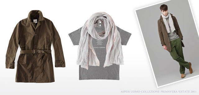 <strong>ASPESI | ASPESI Collezione Primavera/Estate 2011</strong> This khaki short coat is made of nylon. As its name "BELLA FIGURA" suggests, it creates a beautiful silhouette that enhances your style. Short coat "BELLA FIGURA III" ¥61,950. The simple gray T-shirt highlights the quality of the material. T-shirt ¥10,500. The subtle pink accent on the white and gray stripes is exquisite. Stole (gray) ¥18,900 (all ASPESI / ASPESI JAPAN).