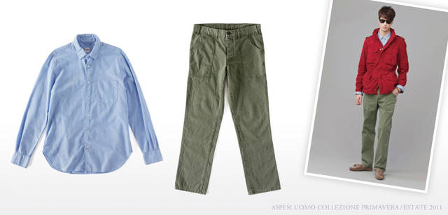 <strong>ASPESI | ASPESI Collezione Primavera/Estate 2011</strong> A shirt with a unique atmosphere, reminiscent of a processed chambray shirt. The light blue is refreshing. Shirt "RIDOTTA II" ¥12,600. The vertical fading creates a sophisticated look. The back features flap pockets. Khaki pants "FATICA" ¥32,550 (both ASPESI / ASPESI JAPAN).
