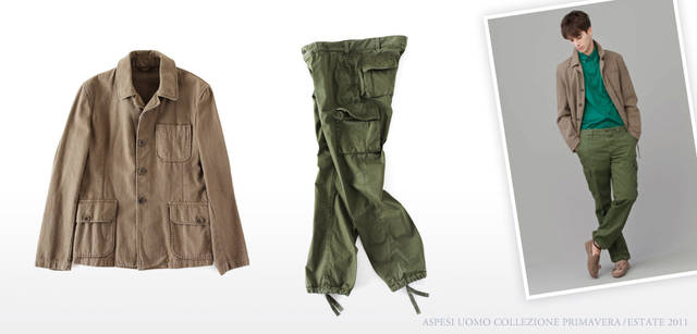 <strong>ASPESI | ASPESI Collezione Primavera/Estate 2011</strong> This slightly thick cotton jacket is ideal to wear once you take off your coat. Select a versatile khaki beige. Jacket "BUSH SUMMER" ¥43,050. The distinctive faded color, achieved through ASPESI's signature garment dyeing, is unique. The authentic military specifications are made with lightweight materials, perfect for the season. Cargo pants "TIR" ¥27,300 (both ASPESI / ASPESI JAPAN).