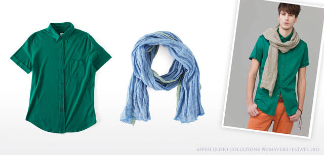 <strong>ASPESI | ASPESI Collezione Primavera/Estate 2011</strong> Effortlessly wear these vibrant jewel tones. Select this eye-catching green. Button-down shirt ¥25,200. A voluminous stole in a different color is a versatile choice. The exquisite color combination of blue and green is also a highlight. Stoles ¥18,900 each (both ASPESI / ASPESI JAPAN).