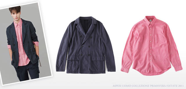 <strong>ASPESI | ASPESI Collezione Primavera/Estate 2011</strong> This longer jacket can be worn like a coat. Made from comfortable jersey material. Jacket ¥50,400. The red has a nice washed-out pink hue. It's a piece you'll reach for often. Since the silhouette is simple, have fun with the color. Shirt "RIDOTTA II" ¥12,600 (both ASPESI / ASPESI JAPAN).