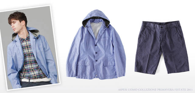 <strong>ASPESI | ASPESI Collezione Primavera/Estate 2011</strong> This blouson, made with cotton and linen on the outside and nylon on the inside, offers excellent functionality. The chambray's cool color is also appealing. The hood is detachable. Jacket "GRUNF" ¥69,300. These vertically faded shorts are a piece to incorporate early for summer. The relaxed silhouette promises comfort. Shorts "BERMUDA NAVALE" ¥27,300 (both ASPESI / ASPESI JAPAN).