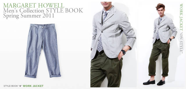 <strong> MARGARET HOWELL｜マーガレット・ハウエル</strong>　2011春夏メンズコレクション<br>EDWIN製クロップド シャンブレーデニム2万2050円（マーガレット・ハウエル）、モデル／ジャケット3万4650円、シャツ1万7850円、トラウザーズ2万4150円、G-SHOCK1万8900円（すべてMHL.）、ネクタイ1万3650円、ローファー4万5150円（ともにマーガレット・ハウエル）