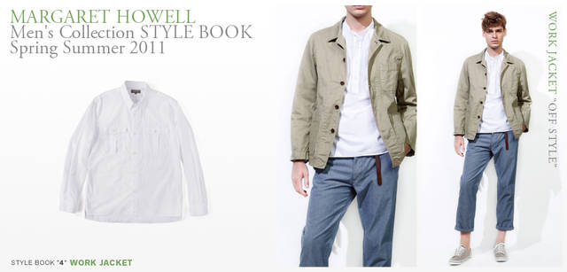 <strong> MARGARET HOWELL｜マーガレット・ハウエル</strong>　2011春夏メンズコレクション<br>シャツ2万5200円（マーガレット・ハウエル）、モデル／ジャケット3万9900円、シャツ1万7850円、ロングベルト1万2600円（すべてMHL.）、EDWIN製クロップド シャンブレーデニム2万2050円、スニーカー2万4150円（ともにマーガレット・ハウエル）