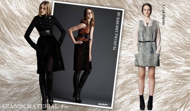 <strong>Chapter.04 | Focusing on Materials That Create Seasonal Flair</strong><br />Fur items are indispensable for the autumn/winter season. While outerwear is an obvious choice, incorporating fur into tops, bottoms, or as detailing is key to a subtle yet impactful coordination. From left: BURBERRY PRORSUM, 3.1 Phillip Lim