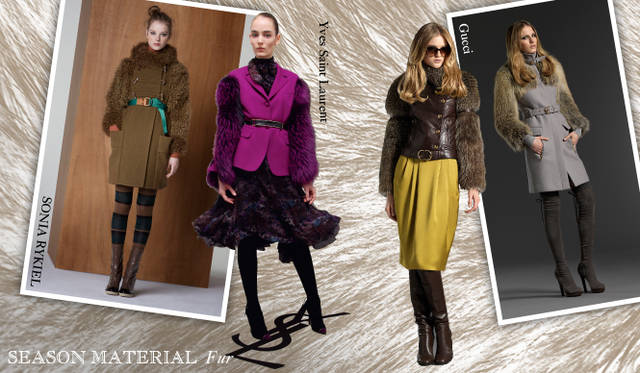 <strong>Chapter.04 | Focusing on Materials That Create Seasonal Flair</strong><br />Fur items are indispensable for the autumn/winter season. While outerwear is an obvious choice, incorporating fur into tops, bottoms, or as detailing is key to a subtle yet impactful coordination. From left: SONIA RYKIEL, Yves Saint Laurent, Gucci