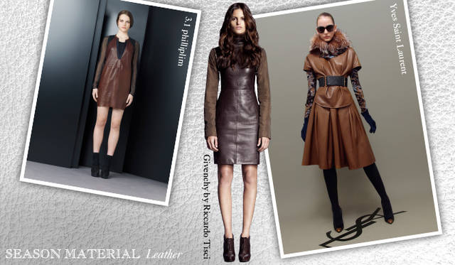 <strong>Chapter.04 | Focusing on Materials That Create Seasonal Flair</strong><br />This year, the trend is to incorporate leather into items like skirts and dresses, rather than outerwear.<br />From left: 3.1 Phillip Lim, Givenchy by Riccardo Tisci, Yves Saint Laurent