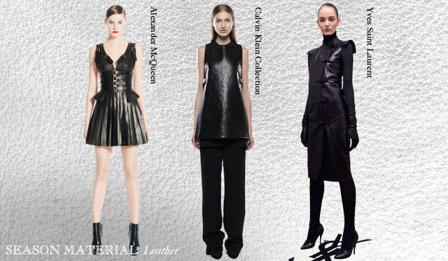 <strong>Chapter.04 | Focusing on Materials That Create Seasonal Flair</strong><br />This year, the trend is to incorporate leather into items like skirts and dresses, rather than outerwear.<br />From left: Alexander McQueen, Calvin Klein Collection, Yves Saint Laurent