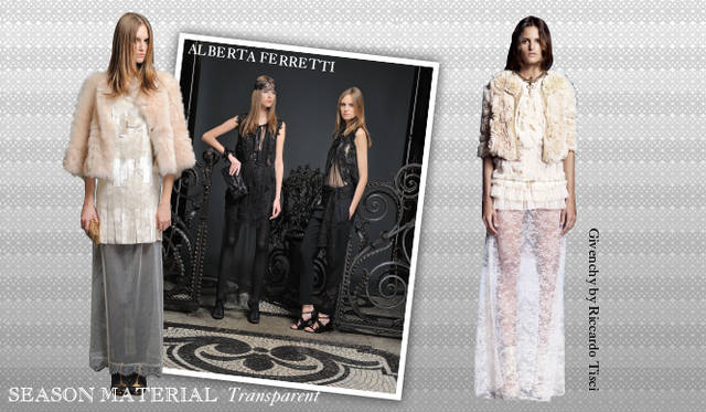 <strong>Chapter.04 | Focusing on Materials That Create Seasonal Flair</strong><br />Beyond seasonal materials like fur and leather, a keyword to watch is transparent. From dresses designed for the party season to items with transparent detailing, these pieces add lightness and femininity to the often heavy autumn/winter wardrobe.<br />From left: ALBERTA FERRETTI, Givenchy by Riccardo Tisci