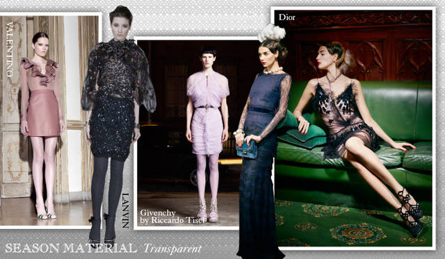 <strong>Chapter.04 | Focusing on Materials That Create Seasonal Flair</strong><br />Beyond seasonal materials like fur and leather, a keyword to watch is transparent. From dresses designed for the party season to items with transparent detailing, these pieces add lightness and femininity to the often heavy autumn/winter wardrobe.<br />From left: VALENTINO, LANVIN, Givenchy by Riccardo Tisci, Dior