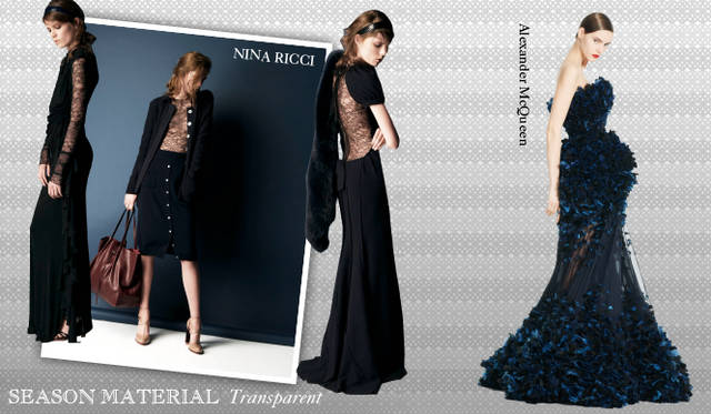 <strong>Chapter.04 | Focusing on Materials That Create Seasonal Flair</strong><br />Beyond seasonal materials like fur and leather, a keyword to watch is transparent. From dresses designed for the party season to items with transparent detailing, these pieces add lightness and femininity to the often heavy autumn/winter wardrobe.<br />From left: NINA RICCI, Alexander McQueen