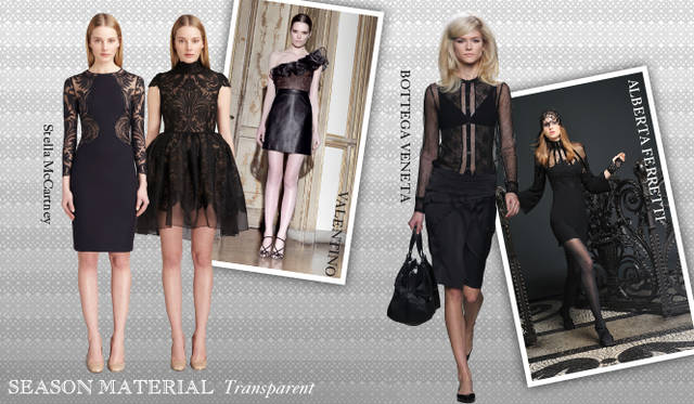 <strong>Chapter.04 | Focusing on Materials That Create Seasonal Flair</strong><br />Beyond seasonal materials like fur and leather, a keyword to watch is transparent. From dresses designed for the party season to items with transparent detailing, these pieces add lightness and femininity to the often heavy autumn/winter wardrobe.<br />From left: Stella McCartney, VALENTINO, BOTTEGA VENETA, ALBERTA FERRETTI