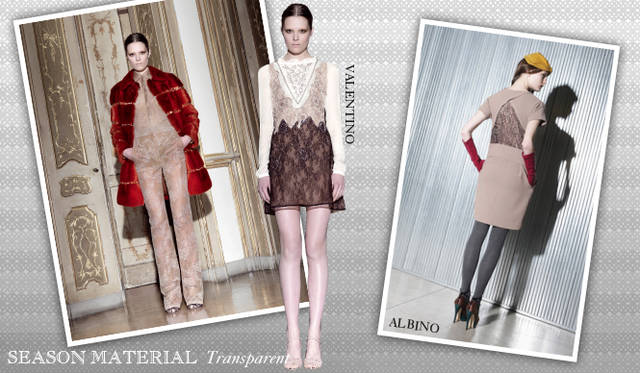 <strong>Chapter.04 | Focusing on Materials That Create Seasonal Flair</strong><br />Beyond seasonal materials like fur and leather, a keyword to watch is transparent. From dresses designed for the party season to items with transparent detailing, these pieces add lightness and femininity to the often heavy autumn/winter wardrobe.<br />From left: VALENTINO, ALBINO