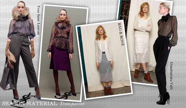 <strong>Chapter.04 | Focusing on Materials That Create Seasonal Flair</strong><br />Beyond seasonal materials like fur and leather, a keyword to watch is transparent. From dresses designed for the party season to items with transparent detailing, these pieces add lightness and femininity to the often heavy autumn/winter wardrobe.<br />From left: Yves Saint Laurent, Rag & Bone, Giambattista Valli