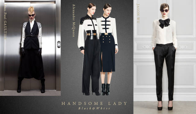 <strong>Chapter.05 | The Handsome Lady</strong><br />Alongside casual relaxed styles, pay attention to knee-length skirts, voluminous trousers, and mannish cropped pants or sets that create a handsome, ladylike look.<br />From left: Jean Paul GAULTIER, Alexander McQueen, JASON WU