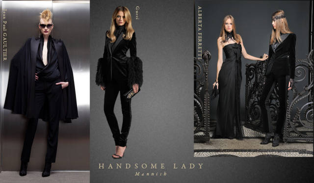 <strong>Chapter.05 | The Handsome Lady</strong><br />Alongside casual relaxed styles, pay attention to knee-length skirts, voluminous trousers, and mannish cropped pants or sets that create a handsome, ladylike look.<br />From left: Jean Paul GAULTIER, Gucci, ALBERTA FERRETTI