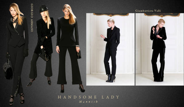 <strong>Chapter.05 | The Handsome Lady</strong><br />Alongside casual relaxed styles, pay attention to knee-length skirts, voluminous trousers, and mannish cropped pants or sets that create a handsome, ladylike look.<br />From left: GIORGIO ARMANI, Giambattista Valli