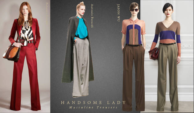 <strong>Chapter.05 | The Handsome Lady</strong><br />Alongside casual relaxed styles, pay attention to knee-length skirts, voluminous trousers, and mannish cropped pants or sets that create a handsome, ladylike look.<br />From left: Jean Paul GAULTIER, Roberto Cavalli, Antonio Berardi, JASON WU